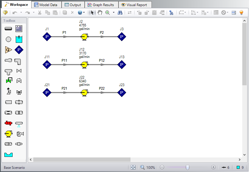 Layout of the pipe system for the Non-Newtonian Phosphates Pumping Example with all three cases.